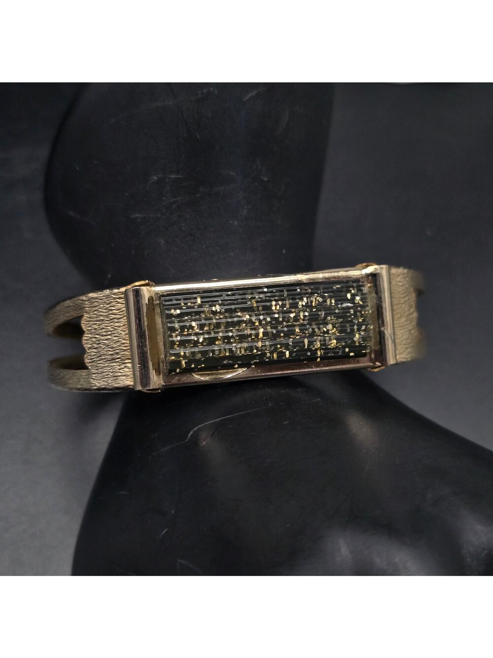 Gold Tone Black Glittered Hinged Cuff Bracelet Vintage 1970s Costume Jewelry